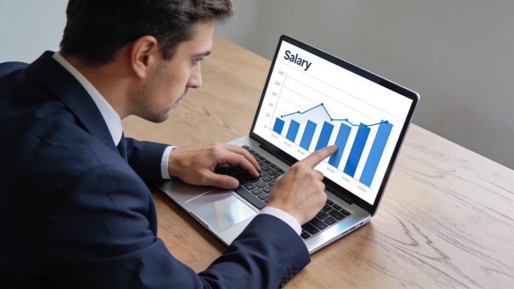 Cadre en costume analysant graphiques salariaux sur ecran