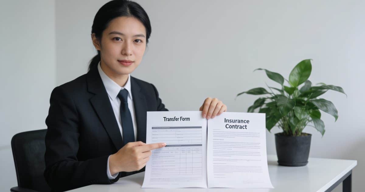 conseiller bancaire montrant formulaire transfert contrat assurance