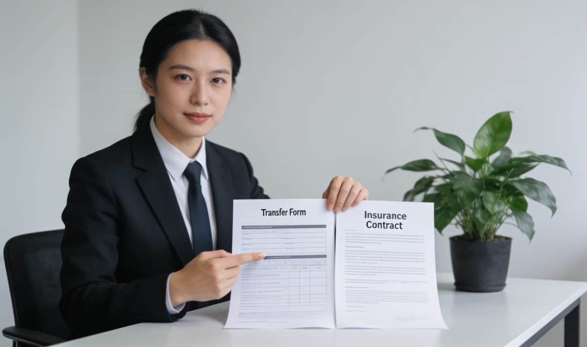 conseiller bancaire montrant formulaire transfert contrat assurance
