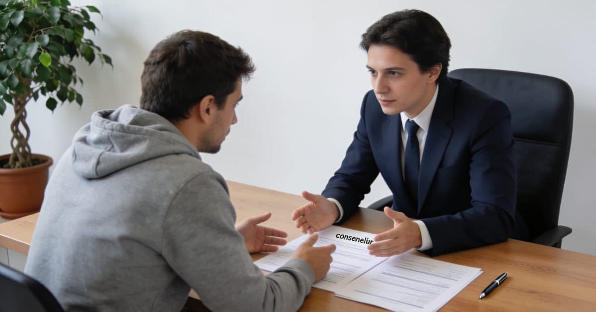 Conseiller assis face a chomeur discutant formulaires