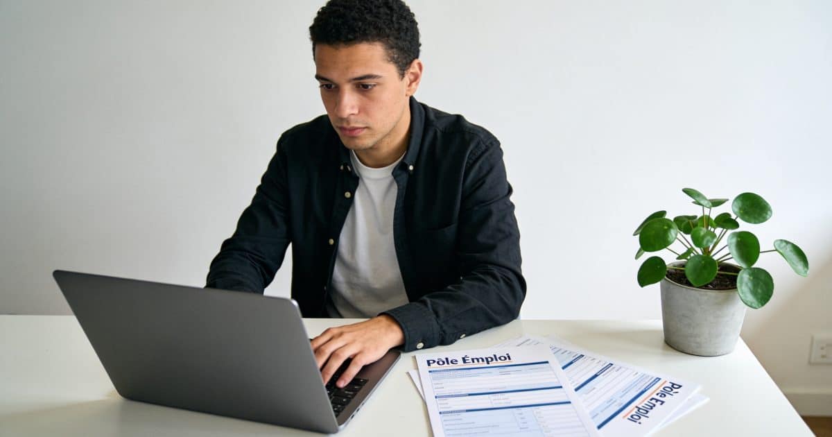 Demandeur d emploi assis devant ordinateur, formulaires pole emploi