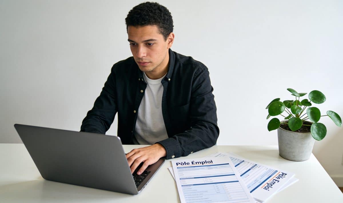 Demandeur d emploi assis devant ordinateur, formulaires pole emploi