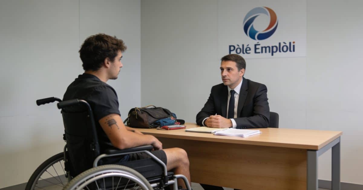 Demandeur handicapé assis seul devant conseiller pole emploi