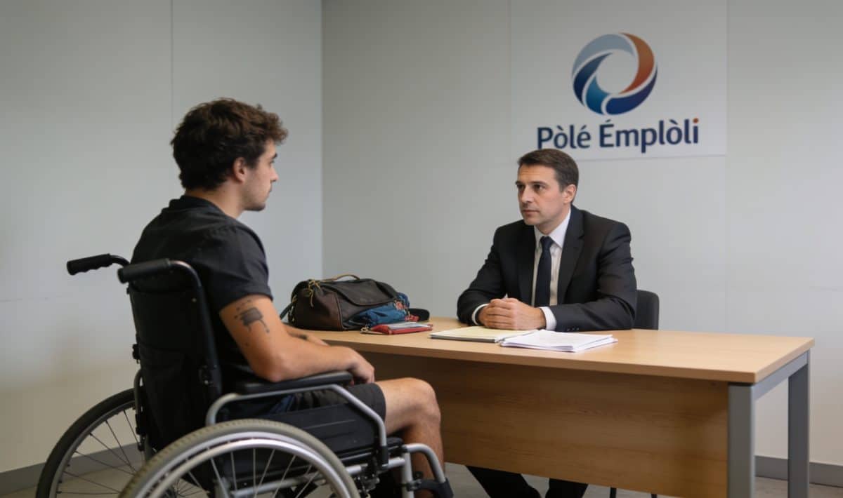 Demandeur handicapé assis seul devant conseiller pole emploi