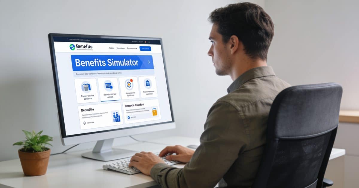 Employe assis devant ordinateur consultant simulateur allocations