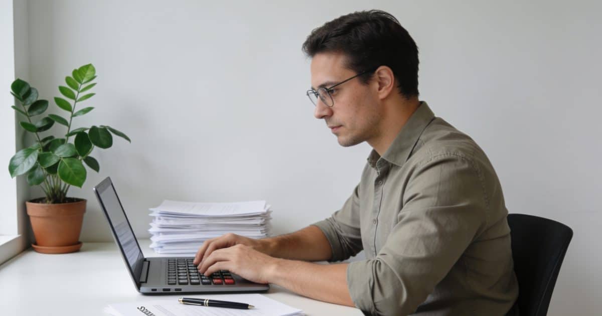 Employe assis au bureau calculant indemnites sur contrat