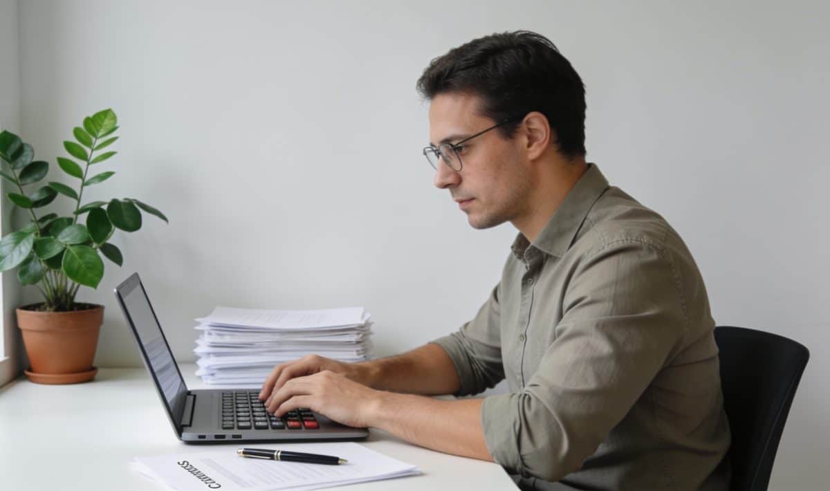 Employe assis au bureau calculant indemnites sur contrat
