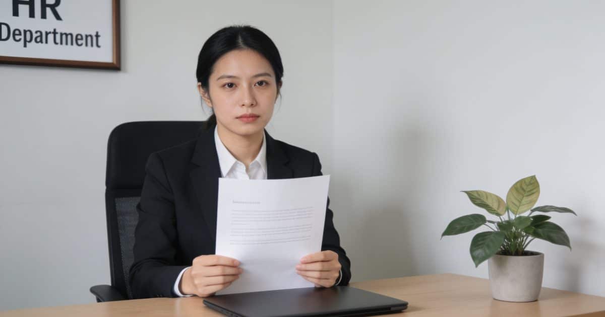 Employe assis devant bureau RH tenant lettre licenciement