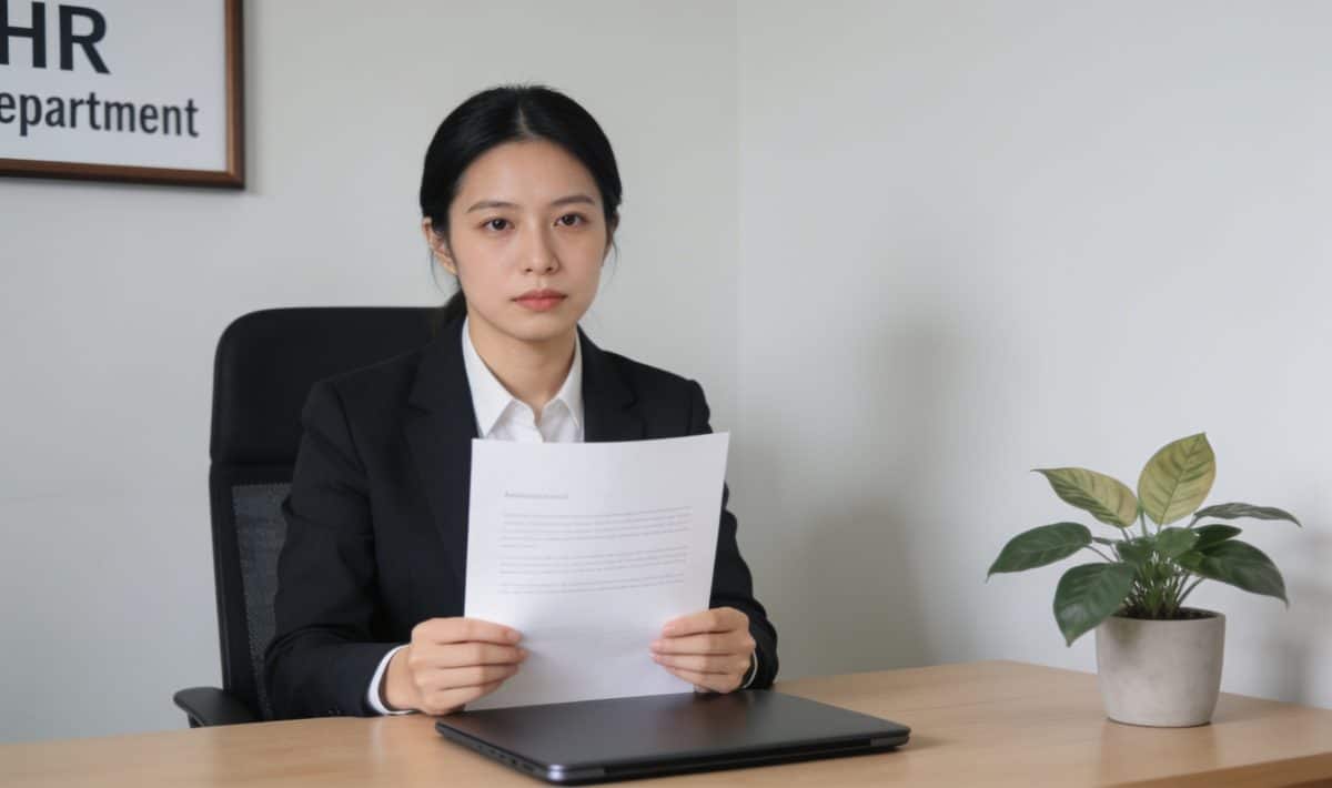 Employe assis devant bureau RH tenant lettre licenciement