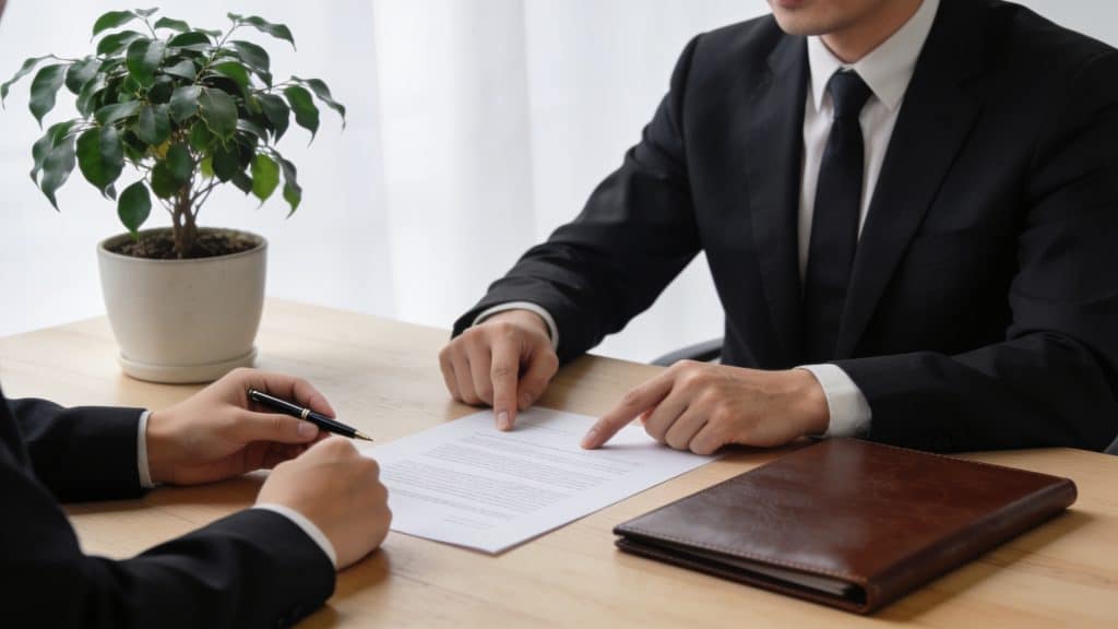 Employe et employeur discutant contrat sur bureau lumineux