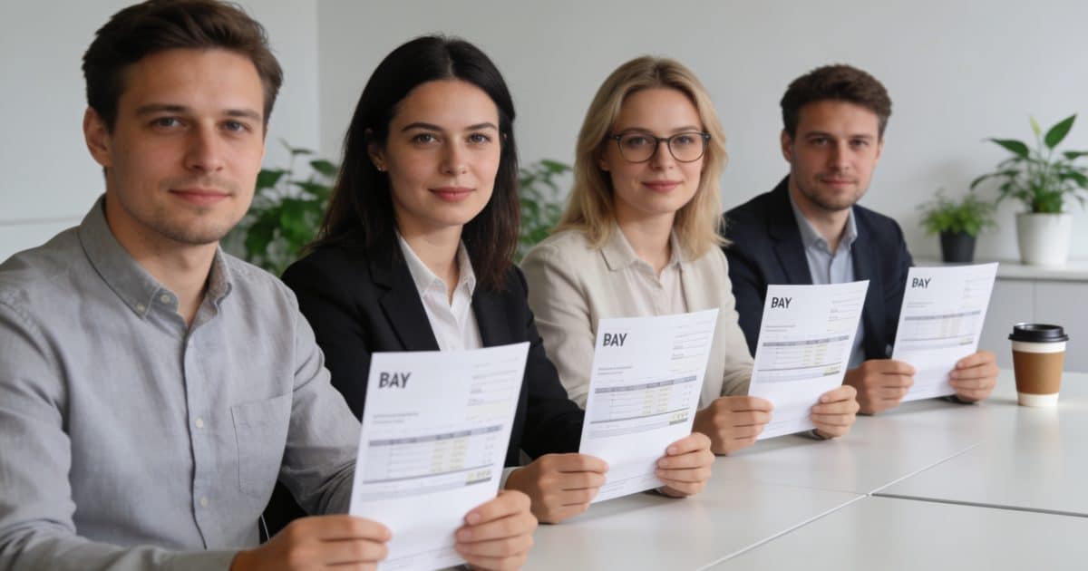 employes de bureau allemands assis comparant fiches de paie