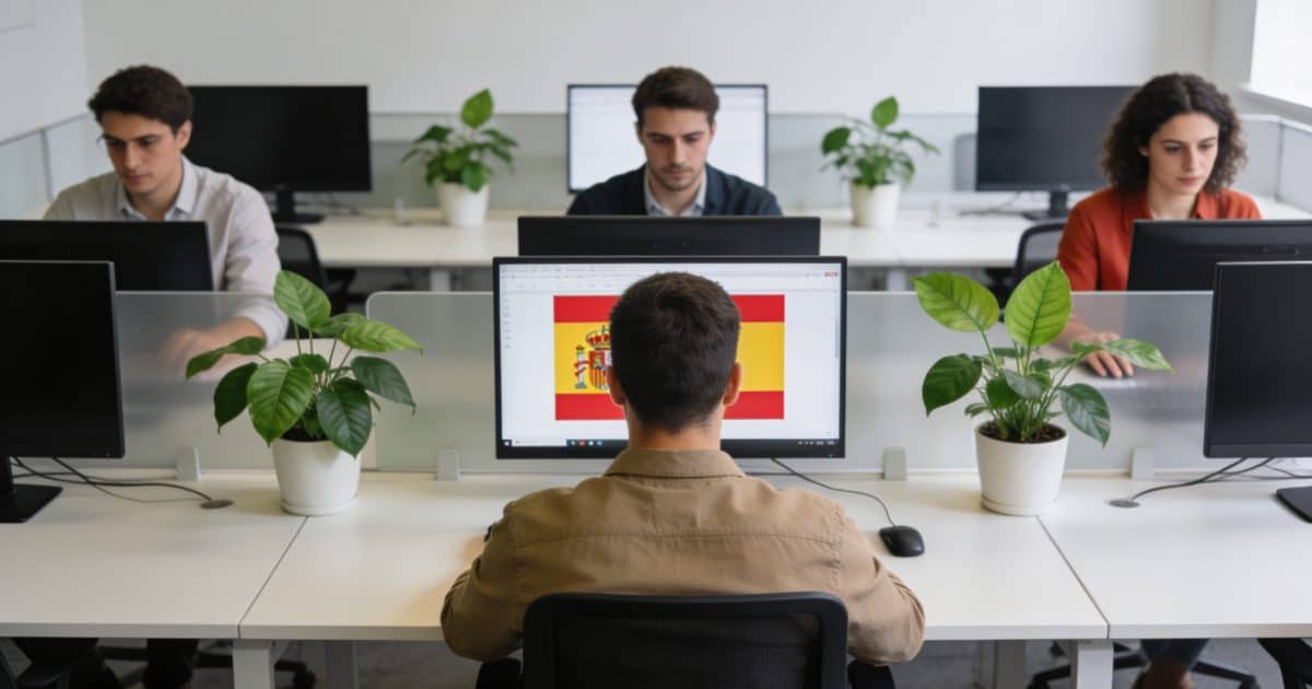Employes espagnols assis devant ordinateurs dans open space