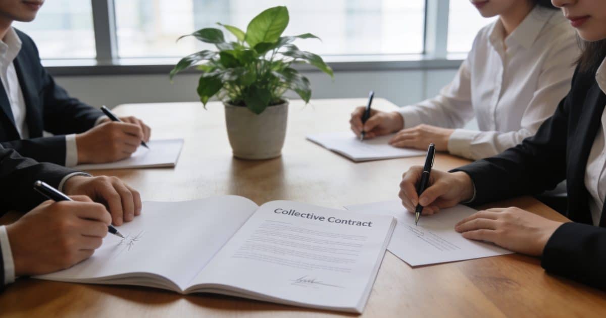 Employes en reunion signant un contrat collectif