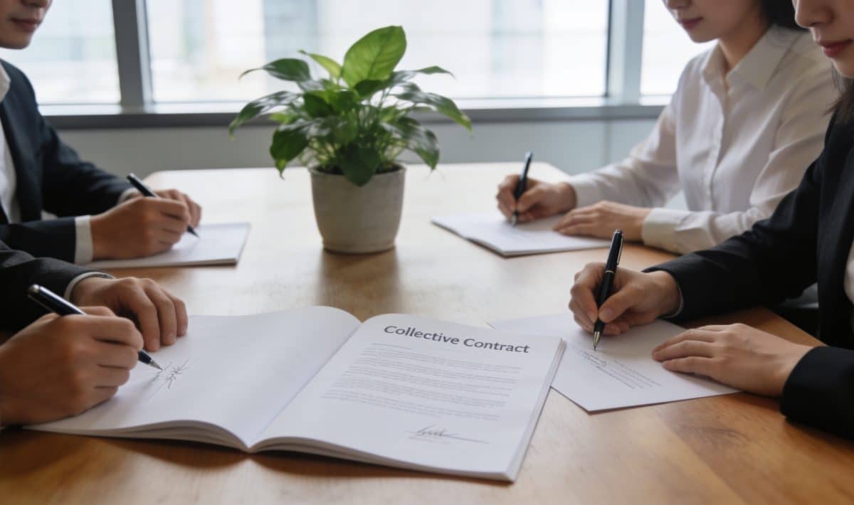 Employes en reunion signant un contrat collectif