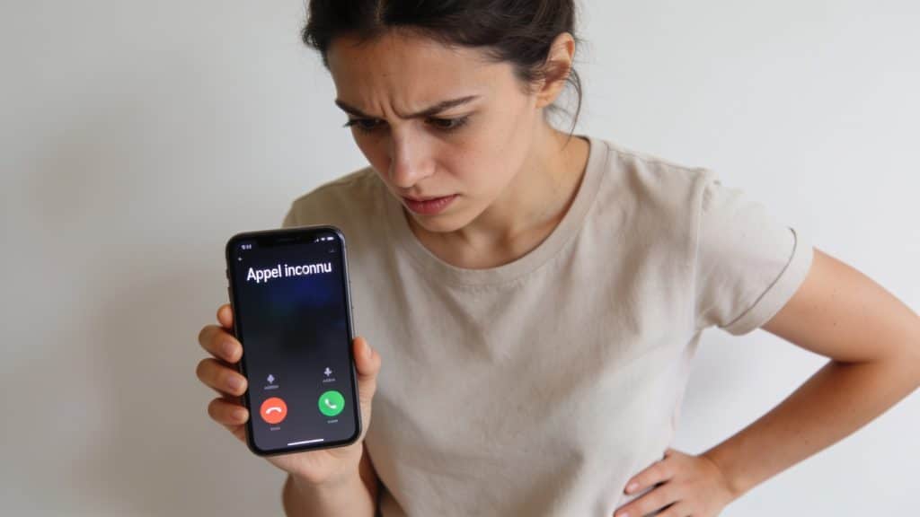 Femme agacee regarde ecran de smartphone affichant appel inconnu