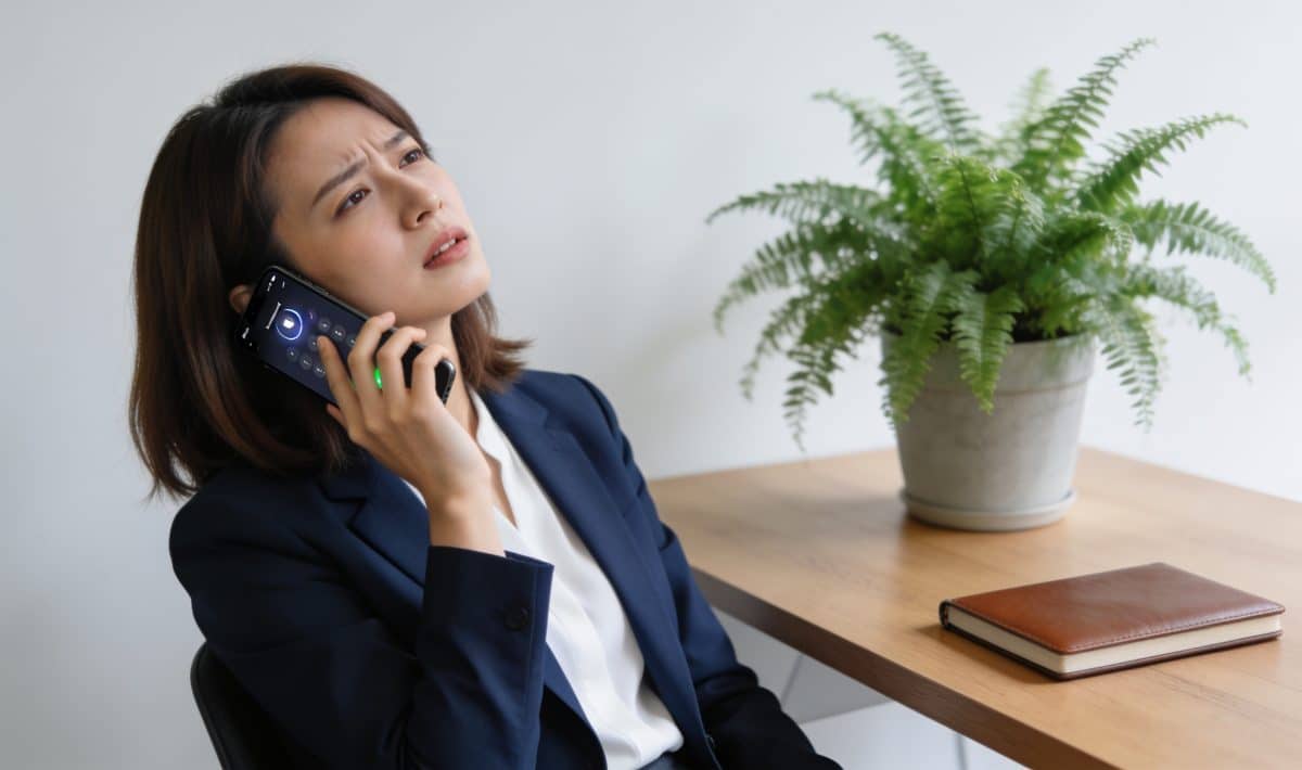 Femme agacée assise au bureau regardant smartphone sonnant