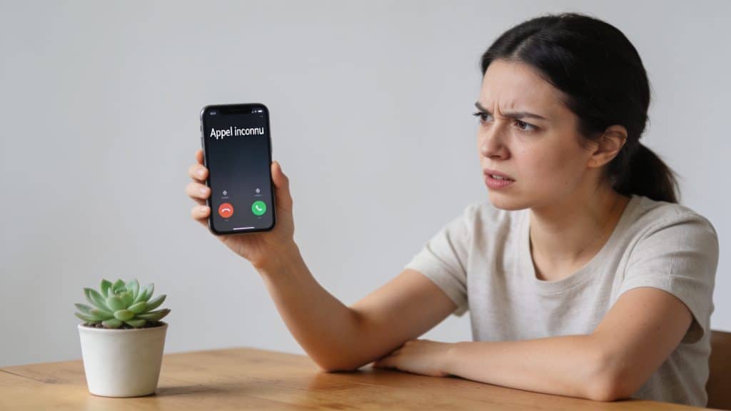 Femme agacee regarde telephone affichant appel inconnu