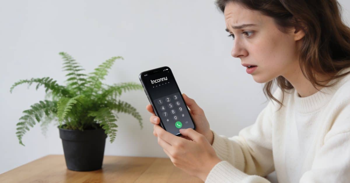 Femme confuse regardant smartphone affichant numero inconnu