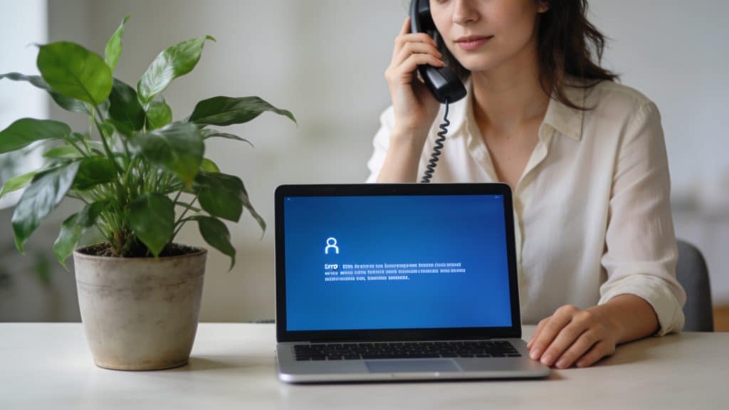 Femme au telephone devant ordinateur affichant message derreur