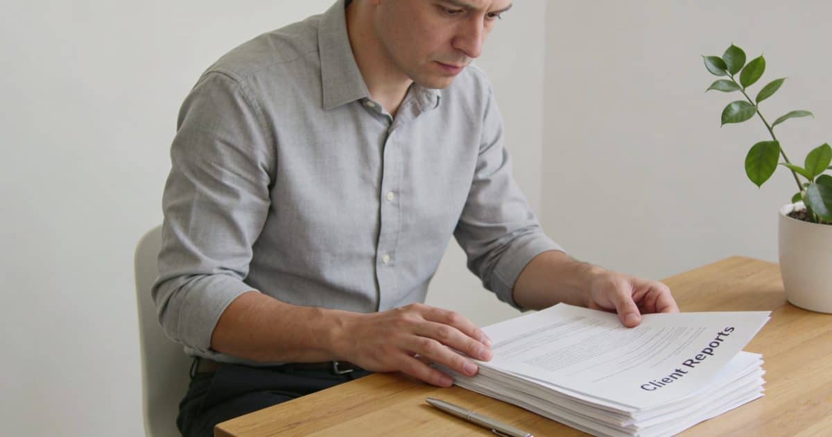 Homme assis bureau lisant rapports clients empiles