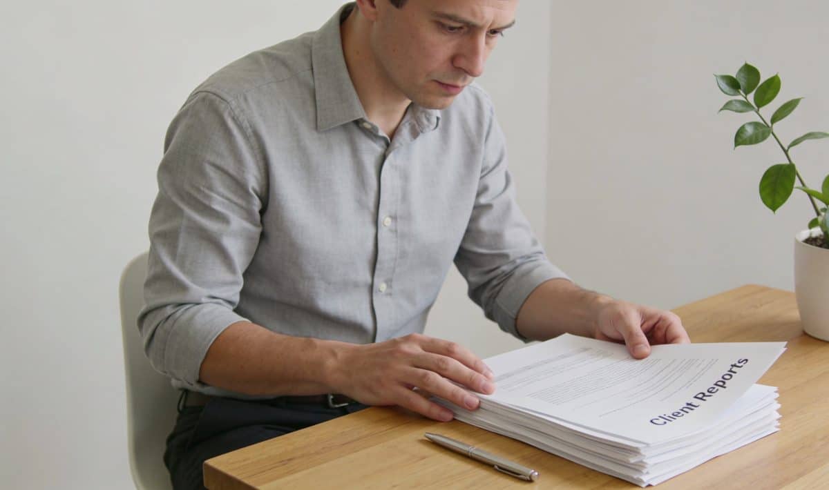 Homme assis bureau lisant rapports clients empiles