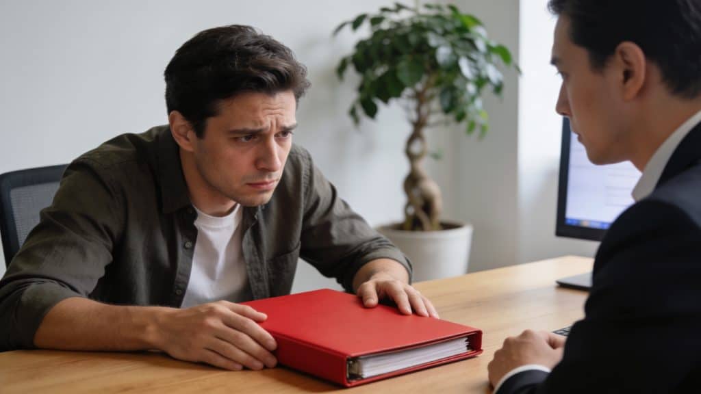 Homme inquiet consulte conseiller bancaire devant dossier rouge