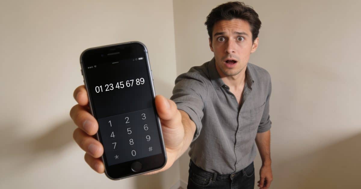 Homme surpris regardant ecran de smartphone affiche numero