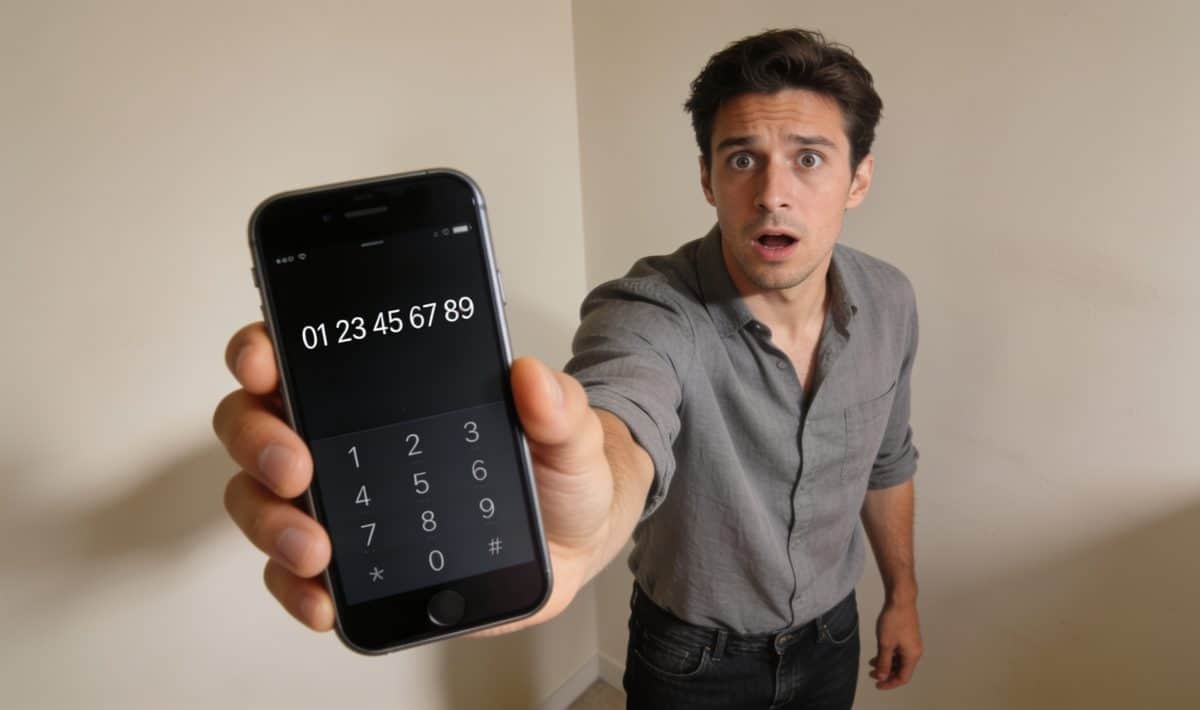 Homme surpris regardant ecran de smartphone affiche numero