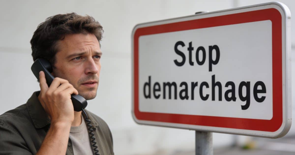 Homme telephone en main regard mefiant pres pancarte Stop demarchage