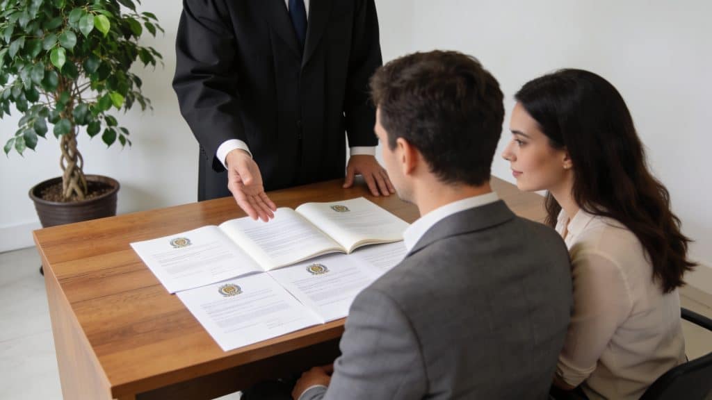 Notaire expliquant devant couple des documents patrimoniaux
