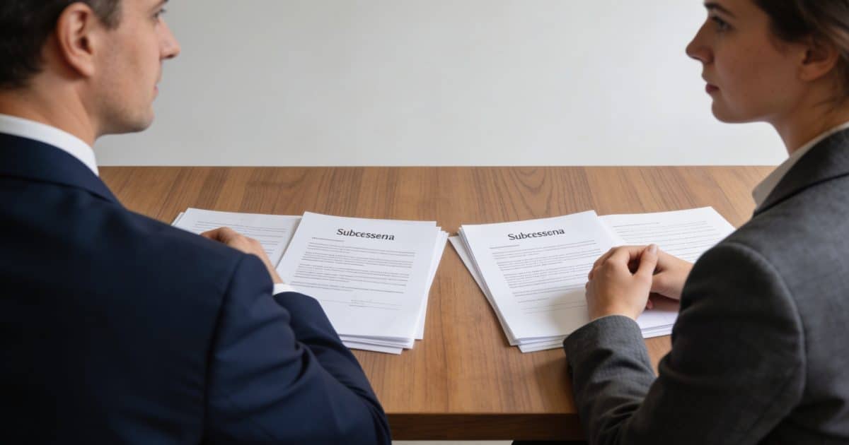 Deux notaires assis face a face discutant dossier succession