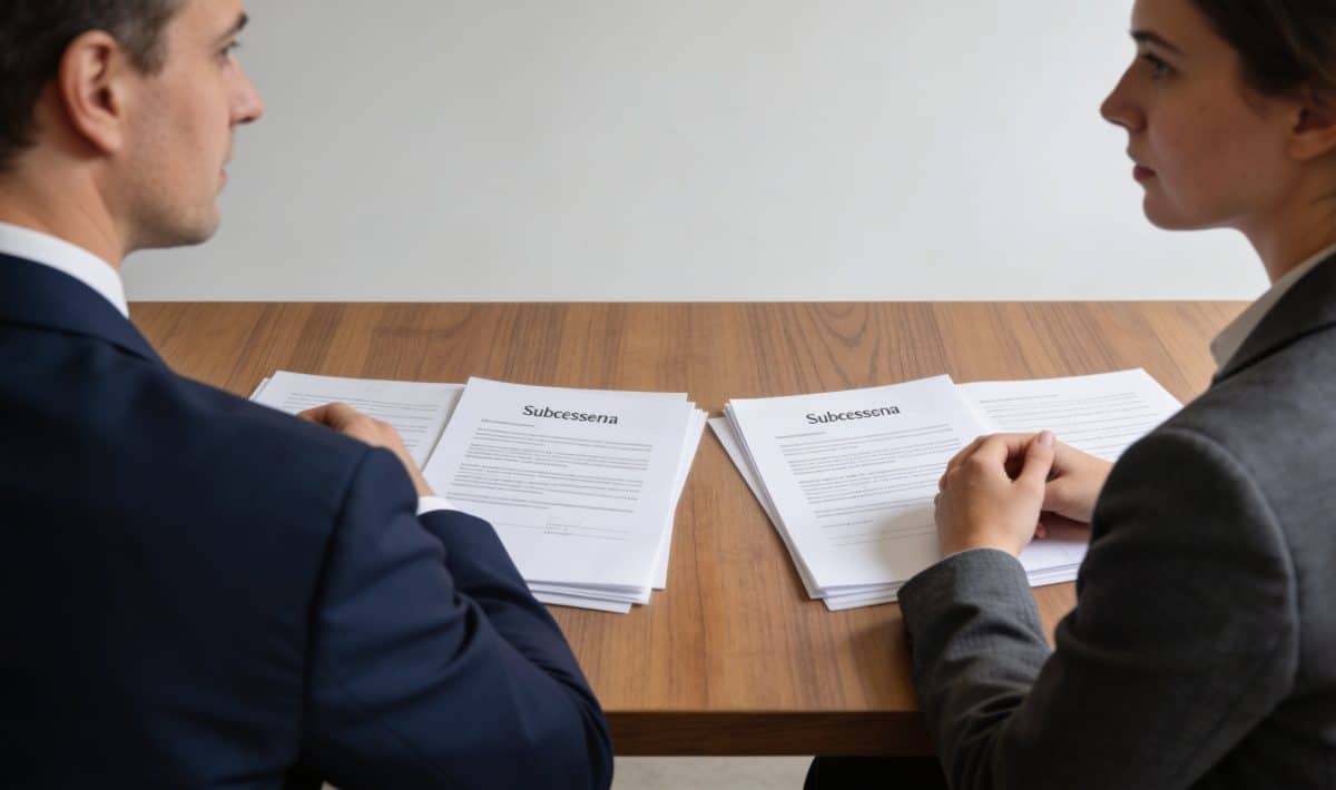 Deux notaires assis face a face discutant dossier succession