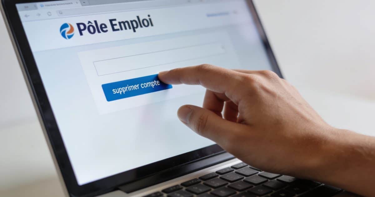 ordinateur portable ouvert sur site pole emploi, main cliquant bouton supprimer compte