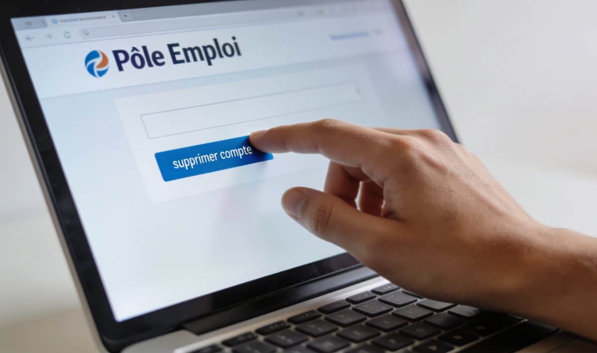 ordinateur portable ouvert sur site pole emploi, main cliquant bouton supprimer compte