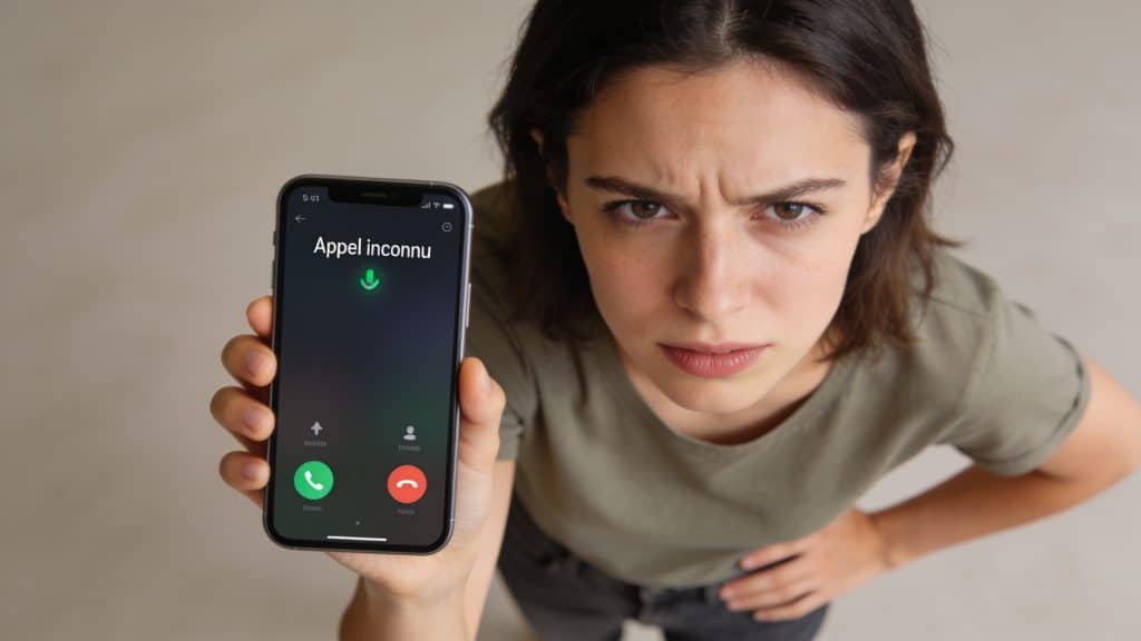 Personne agacee regarde smartphone affichant appel inconnu