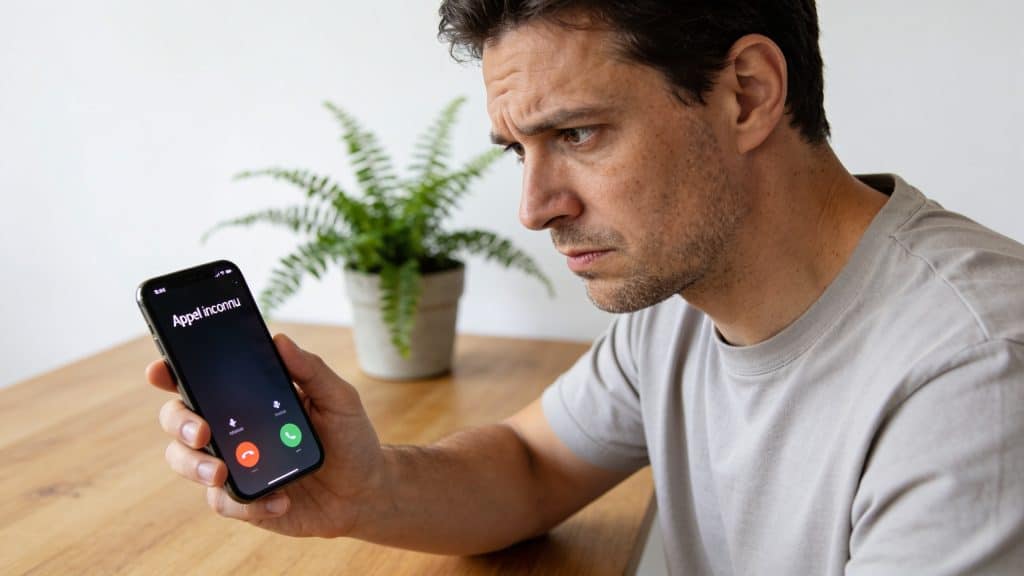 Personne mefiante regarde ecran smartphone affichant appel inconnu
