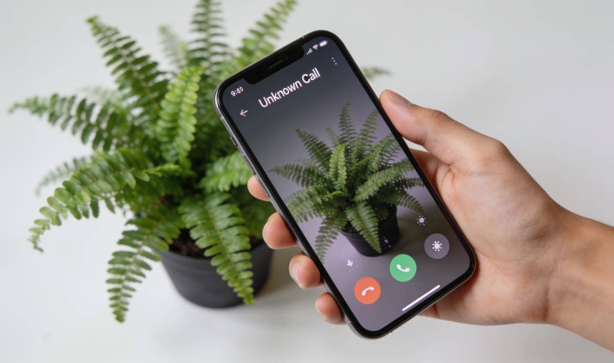 Smartphone en main affichant un appel inconnu
