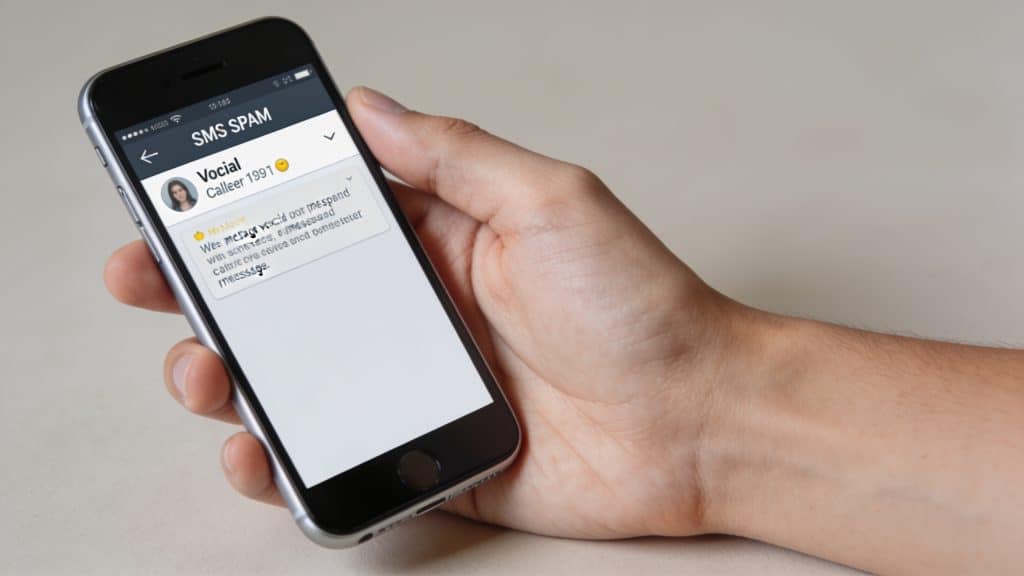 Main tenant smartphone affichant SMS spam vocal