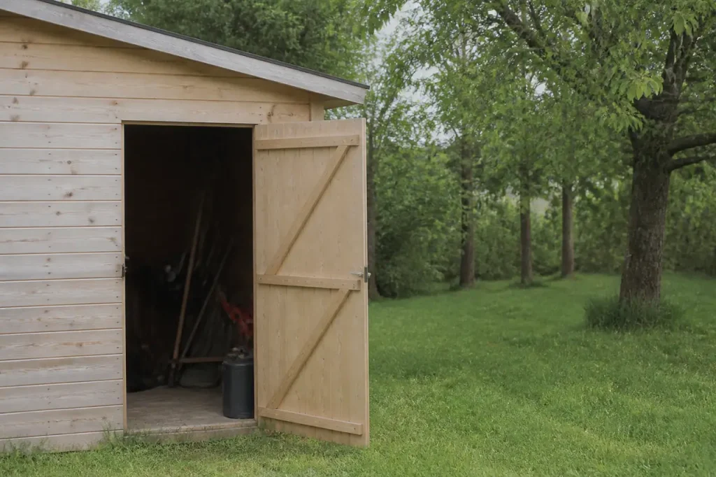 Cabane en bois clair, porte ouverte sur pelouse verte