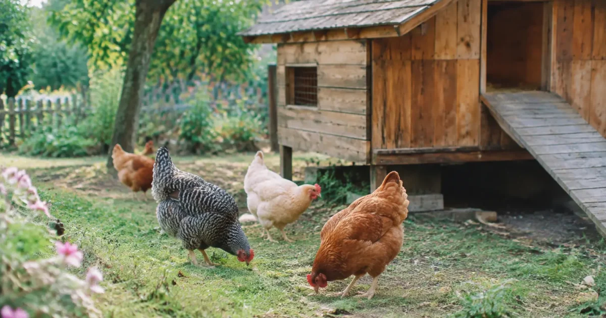 Cabane en bois avec poules picorant dans le jardin