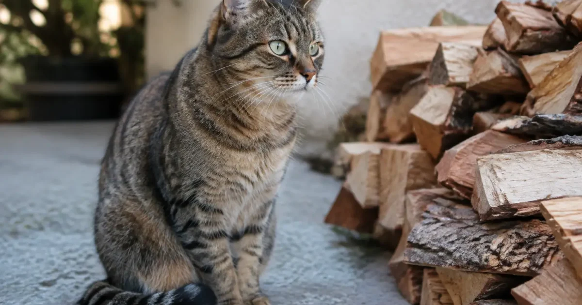 Chat assis pres dune pile de pieces