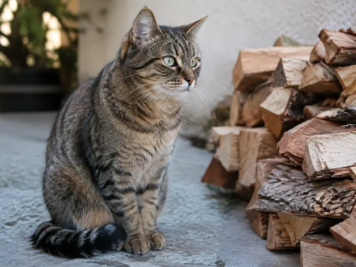 Chat assis pres dune pile de pieces