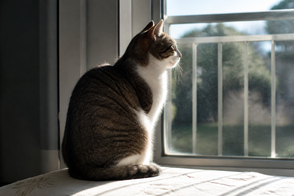 Chat assis de profil regardant par une fenêtre ensoleillée