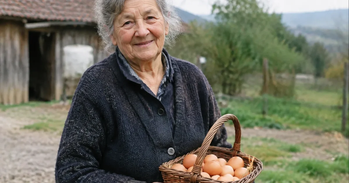 Femme agee tenant un panier d oeufs bruns