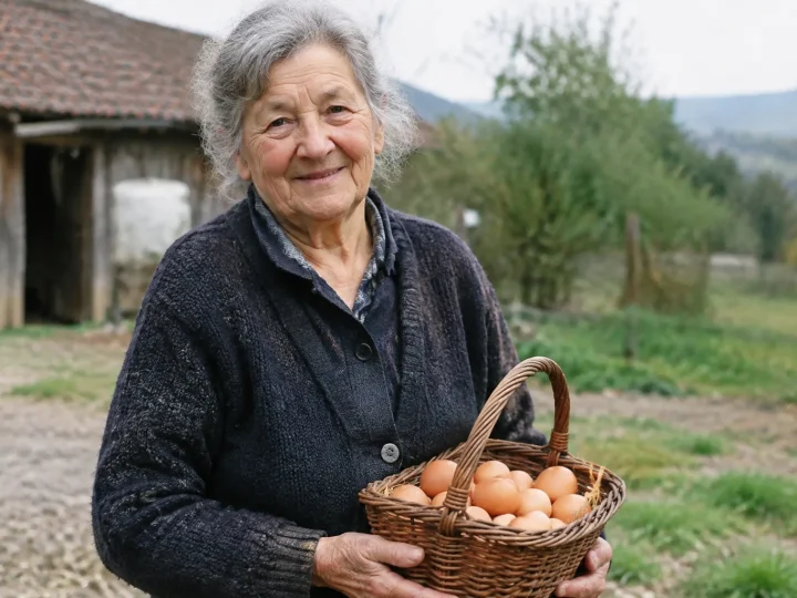 Femme agee tenant un panier d oeufs bruns