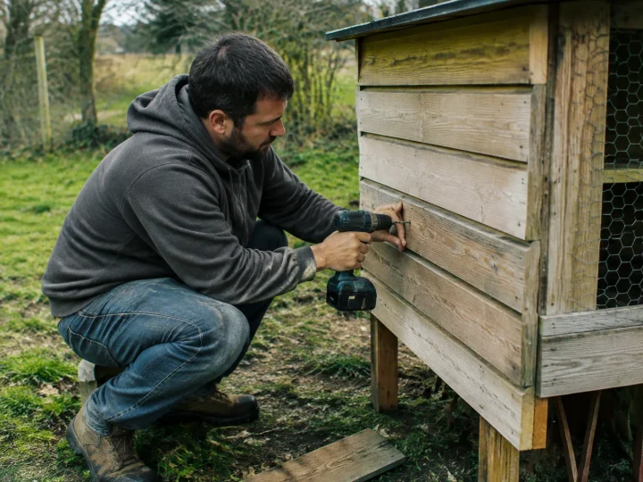 Homme accroupi fixe planches bois sur poulailler