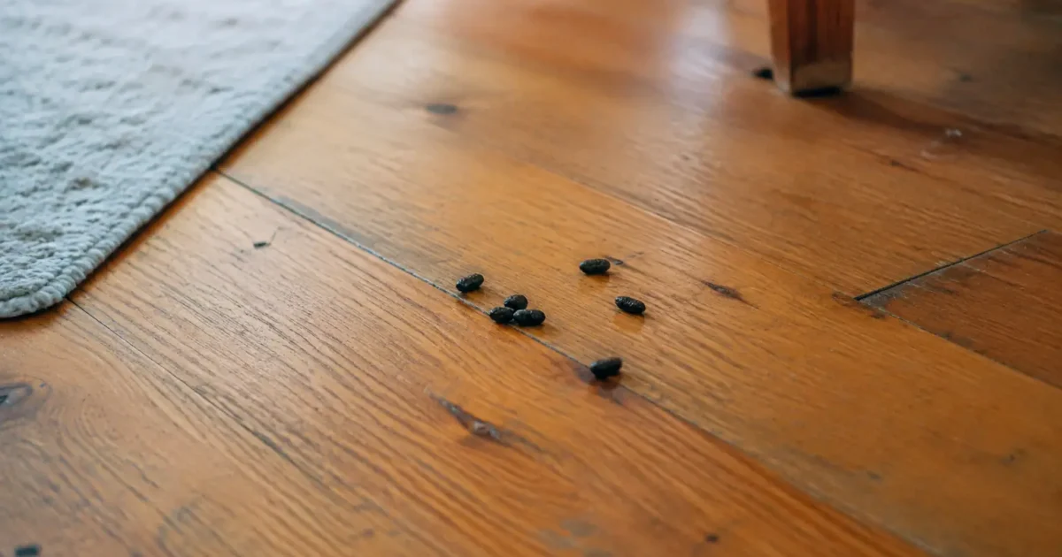 Petites crottes noires sur un plancher en bois