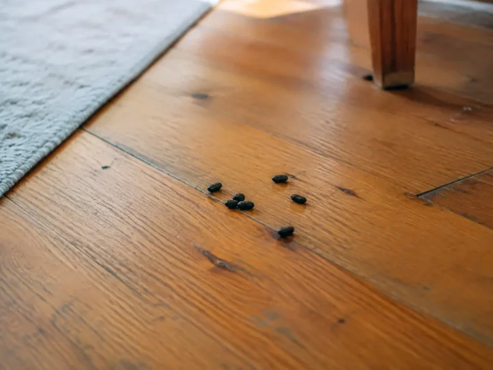 Petites crottes noires sur un plancher en bois