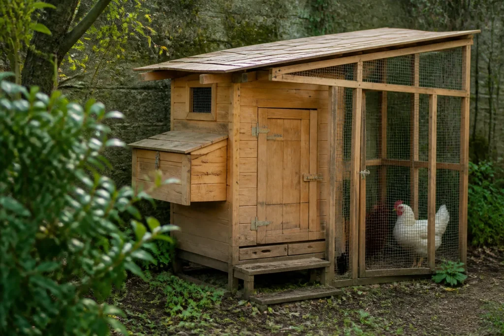 Poulailler en bois avec toit en pente dans jardin
