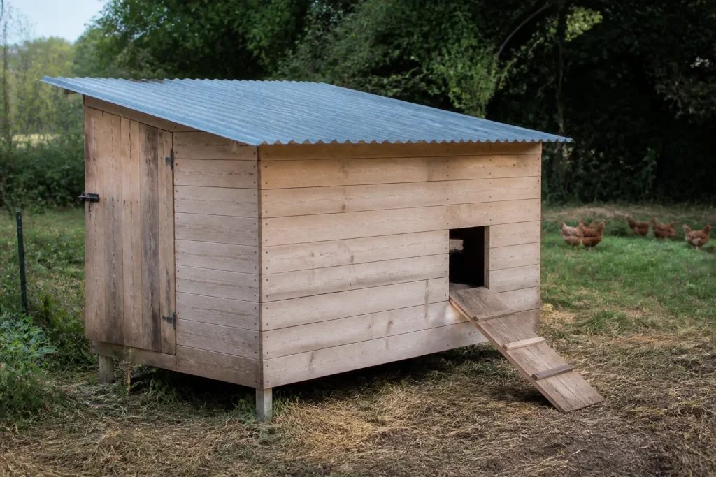 Poulailler aux planches claires et toit en tole